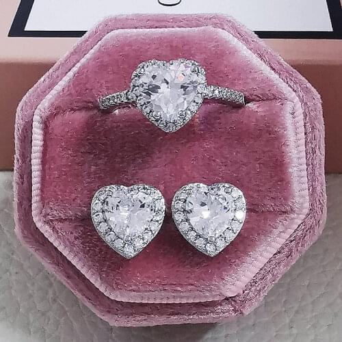 2pcs Pack Real 925 Sterling Silver Jewelry Set Engagement Wedding Heart Shape Bridal Jewelry Ring For Brides J6057