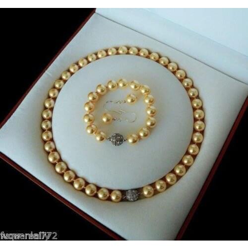 Beautiful Pretty 10mm Yellow Shell Pearl Necklace Bracelet Earrings Bead women Jewelry set 925 claspGenuine Selling Huge