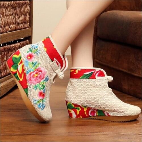 Summer Lace mesh breathable Boots China national style coil button cloth shoes embroidered women Performance summer Floral boots