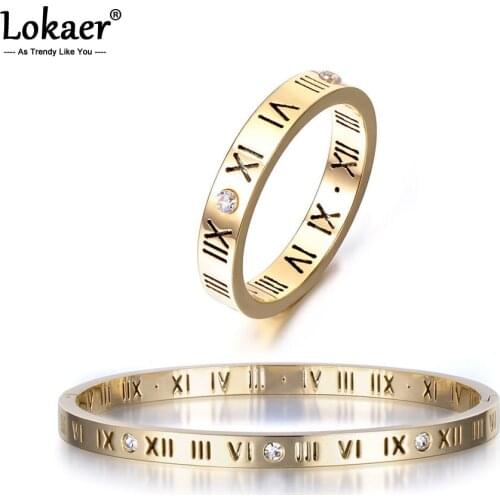 Lokaer Roman Numerals Bangles Rings Jewelry Sets Classic Gold Stainless Steel Cubic Zirconia Wedding Ring Bangle Sets SE031G