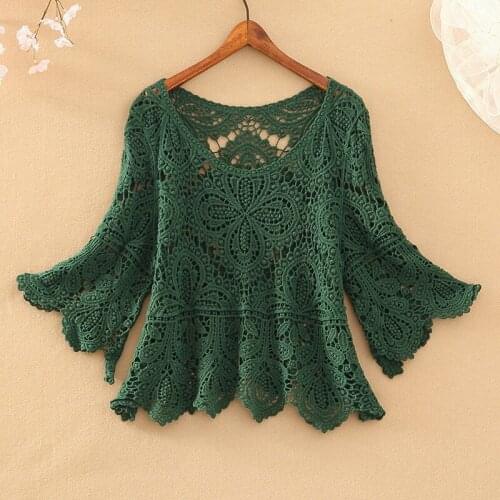 Small coat female crochet hollow five-point sleeve top sweater o neck knitted pullover