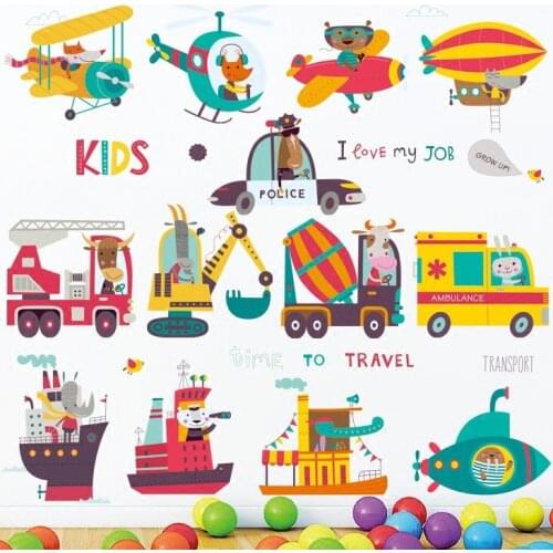 Cartoon Engineering vehicle Helicopter Kids room Wall Stickers Bedroom Kindergarten Eco-friendly Wall Decals Vinyl DIY Murals