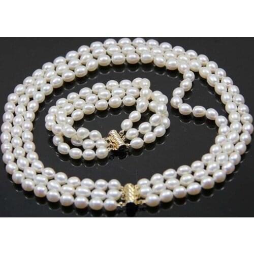 Beautiful 3 Rows 7-8mm Natural White Freshwater Oval Pearl Necklace Bracelet Set