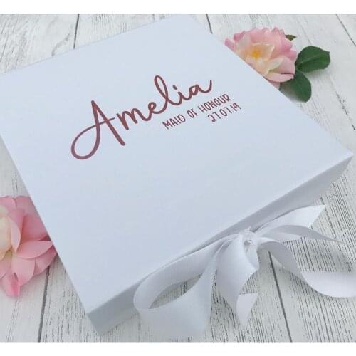 Personalised boxes for love，name and date，Wedding ，White and rose gold personalised bridesmaid gift box, custom maid of honour