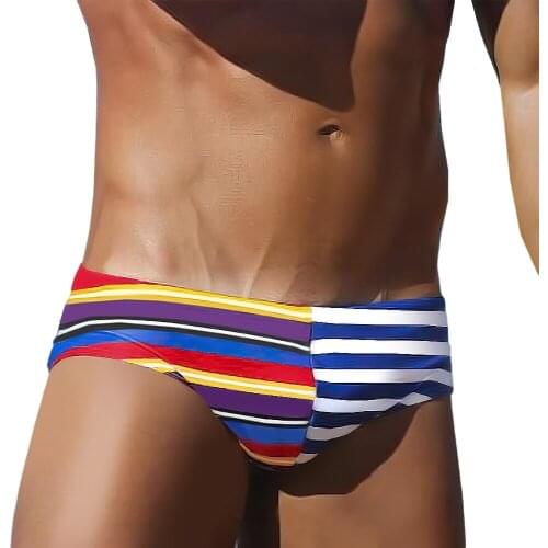 Sexy Mens Swim Briefs Striped Low Waist Swimwear Fashion Male Pouch Pad Enhance Swimsuits Sport Quick Dry Beach Surfing Trunks
