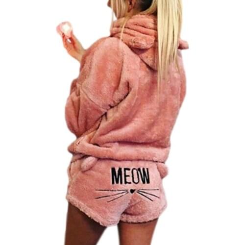 C5AF Women Girls Plus Size Winter Thicken Pajamas Set Cute Cat Meow Embroidered Short Pants Long Sleeve Hooded Ears Sweatshirt
