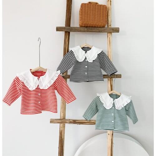 Sweet White Lace Collar Girls Shirt Spring Fall Long Sleeve Stripe Kids Shirt for Girls Blouse Toddler Cardigans Infant Baby Top