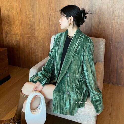 Temperament 2021 Spring Autumn Women Vintage Green Velvet Blazer women New Notched Long Sleeve Loose Fit Jacket Fashion Tide