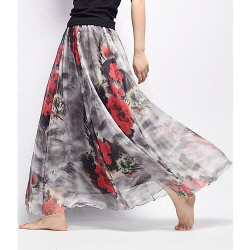 Summer Fashion Chinese Style Retro Beach Skirt Bohemian Long Chiffon Skirt Boho Vintage Sweet Cute Floral Print Girls Ink Skirts