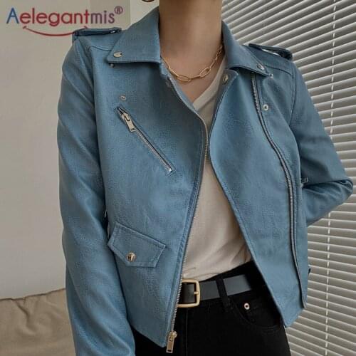 Aelegantmis PU Leather Jackets Women Belt Vintage High Street Punk Female Faux Leather Jackets Korean Streetwear 2021 New Moto