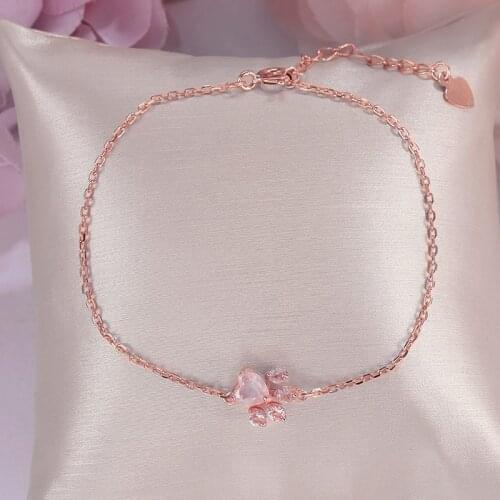 Fine Jewelry 925 Sterling Silver Bracelets for Women Rose Quartz 5X5.5mm 100% Natural Animal Bear Paw Pink Gemstone CCHI005
