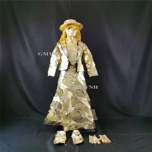Q17 Female gold mirror glass suit stage perform singer wears catwalk stage costumes show bar mirror coat evening dress disco dj