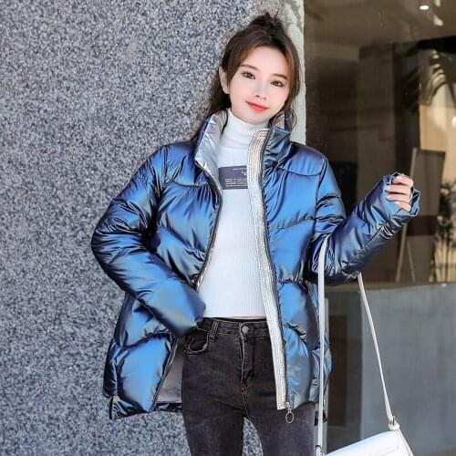 Womens Shiny Puffer Coat Long Sleeve Stand Collar Plus Size Ladies Winter Jackets Casual Zipper Pockets Loose Coats for Female