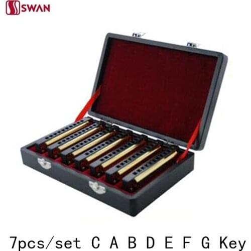 7Pcs/set Swan 10 Hole 20 Tone Harmonica Senior Diatonic Blues Harp Golden Color A-G Key Gaita With Gift Box music instrument