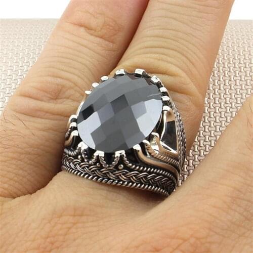925 Sterling Silver Ring With Black Stone For Men Zircon Gemstone Mens Rings Real Pure Silver Handmade - Turkish Jewelry