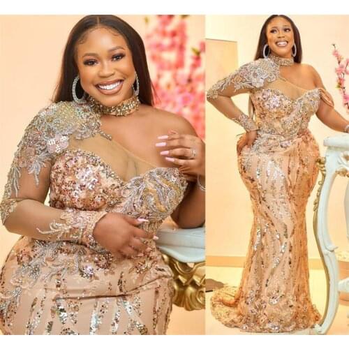 Aso Ebi 2022Arabic Plus Size Gold Mermaid Sparkly Evening Dresses Beaded Lace Sexy Prom Formal Party Second Reception Gowns