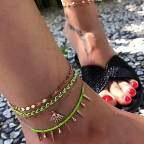 Tocona 4pcs/sets Bohemian Tassel Anklets for Women Luxury Crystal Stone Eyes Rope Foot Chain Gold Wafer Summer Jewelry 8553