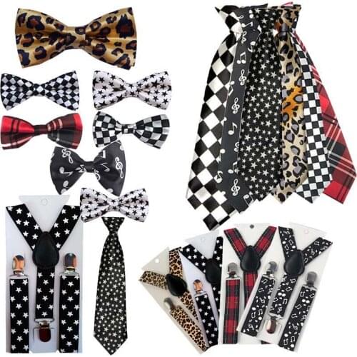 Boys Y Back Tartan 3pcs Suspenders Adjustable Polka Braces Bowties Kids Elastic Bow Tie Set Necktie Children Belts