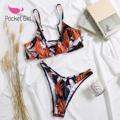 Pocket Girl 2021 Summer Women Leaves Floral Print Bikini Set Push-Up Swimsuit Beachwear Padded Separate Swimwear Mini Bikinis