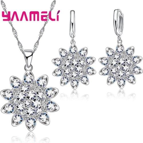 Sunflower Shiny Full White AAA+ Crystal 925 Sterling Silver Bridal Jewellery Sets For Women Necklace Pendant Earrings