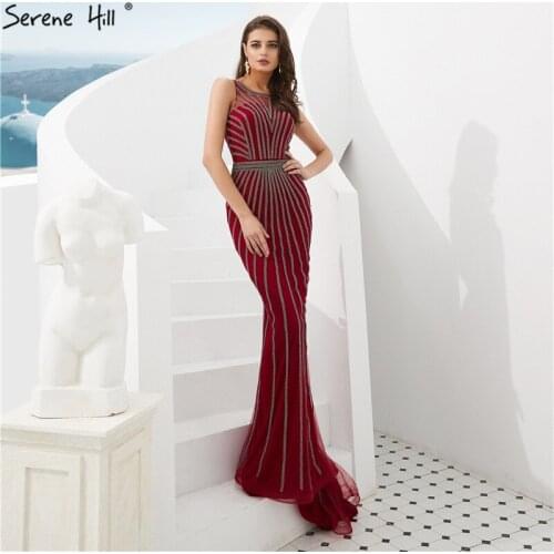 Wine Red Halter Mermiad Evening Fromal Dresses Real Photos Sleeveless Full Diamond Evening Gowns 2020 LA6008