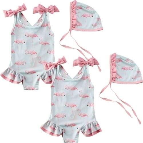 Toddler Baby Kid Girl Flamingo Swimwear Swimsuit Beach Romper Clothes Hat Outfit 1-6Y