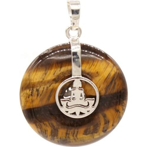 Trendy-beads Religious Style Silver Plated Round Hollow Yoga Meditation Pendant with Natural Tiger Eye Stone Jewelry