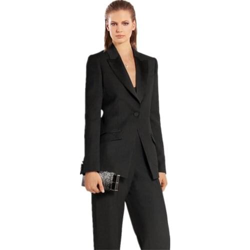 Jacket+Pants Women Business Suits Blazer Black One Button Female Office Uniform Formal Black Satin Lapel Ladies Trouser Suit