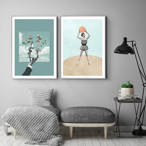 Modern Style Canvas Painting Posters a Woman Holding an Orange Balloon a Hand with Two People and Flowers for Home Rooms Decorat