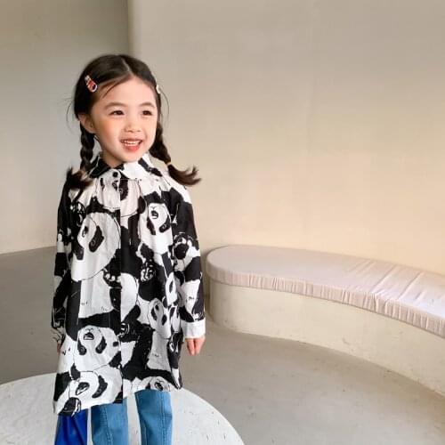 2021 Spring Summer Shirts New Panda Printed Blouse Korean Clothing Long Sleeve Tops Boys Girls Blouses Childrens Casual Tunic
