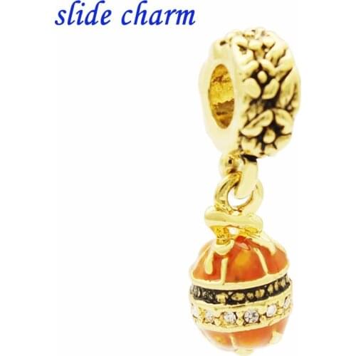 Slide charm Free shipping White Crystal yellow enamel egg pendant charm beads fit Pandora bracelet