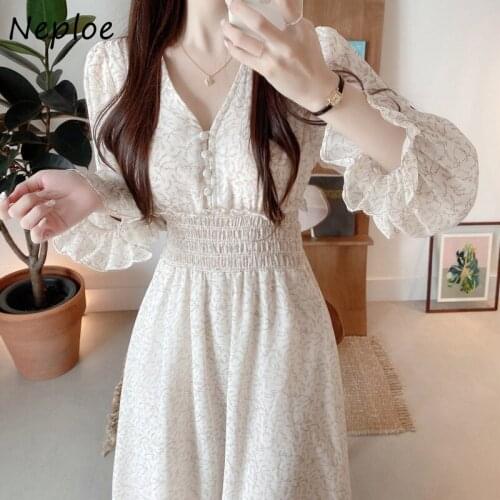 Neploe 2021 Autumn French Style Floral Print Vestido De Mujer V-neck Chiffon Robe Female Pleated Slim Waist Chiffon Dress Women