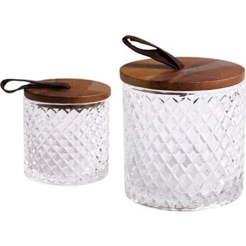 Modern Diamond Pattern Glass Jar with Wooden Lid Handle Household Coffee Storage Tank Tea Spice Clear Bottle Can Food