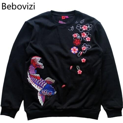 Bebovizi Japanese Style Carp Sakura Embroidery Hoodie Mens Streetwear Harajuku Pullover Cotton Casual Hooded Hoodie Top 2020