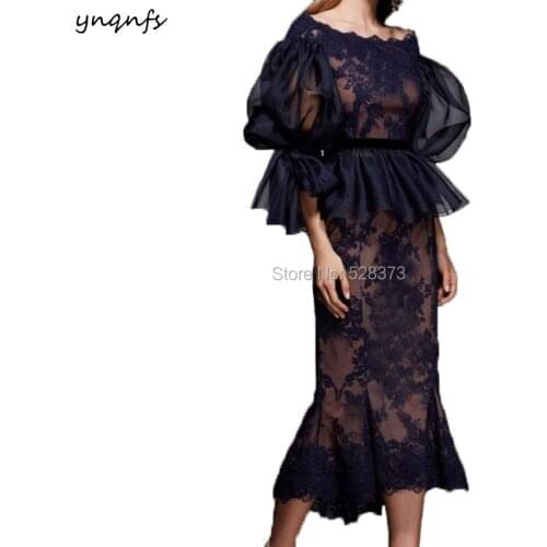 YNQNFS MD203 Vintage Boat Neck Flare 3/4 Sleeves Lace Appliques Mother of the Bride Dresses Groom Outfits Navy/Nude Guest Dress