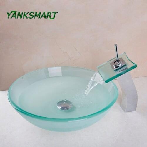 YANKSMART Scrub Victory Glass Bowl Basin Sink Wash Square Chrome Waterfall Faucet Round Tempered Glass Bathroom Washbasin Set