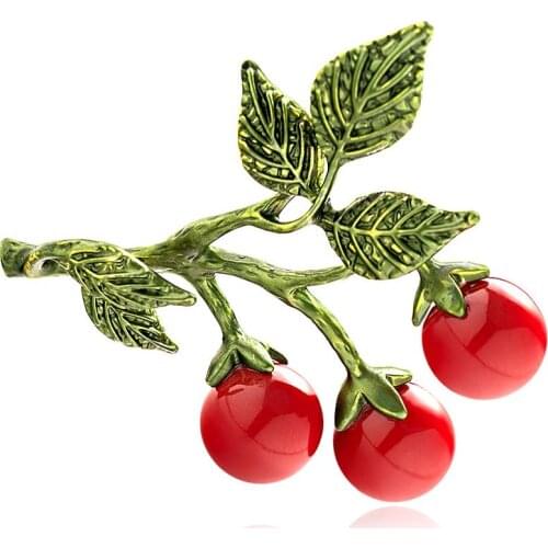 Green plant brooches Pin Enamel Red Cherry Originality Embellis Pin For Women Fashion Design Clothing Jewelry Accessories AL469