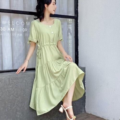 2021 Korean New Summer Cotton Dress Women Solid Drawstring Thin Ruffles Short Sleeve Dress Womens