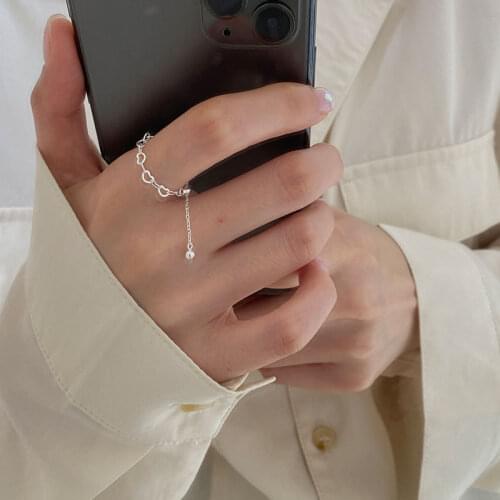 Subeads 925 Sterling Silver Tassel Rings Heart Beaded Chain Adjustable Finger Rings for Women Bride Simple Wedding Jewelry