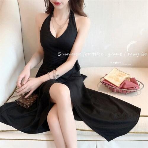 Summer 2020 new fashion temperament sweet new slimming hanging neck strap dress V-neck sexy backless split dress