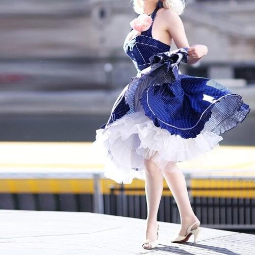 OTEN Womens Vintage Polka Dot Halter Dress1950s Retro Halterneck Pleated Swing Strapless Mesh Pleated Dresses with Pocket