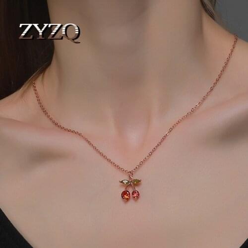 ZYZQ Sweet Little Cherry Necklace For Women Copper Inlaid Zircon Fruit Pendant Necklace Winter Wild Sweater Chain