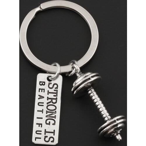1Pc Gym Barbell Keychain STRONG IS BEAUTIFUL Keyring Mens Gift Fitness Pendant Jewelry Chaveiro E2399