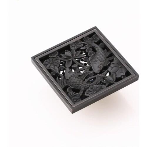 1pc Shower Drains 10*10cm Square Bath Drains Strainer Hair Antique Brass Fish Carved Bathroom Floor Drain Waste Grate Drain