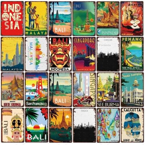 Abstract City Landscape Vintage Metal Poster Plaque Retro Bali Singapore Metal Tin Sign For Bar Club Ktv Living Room Wall Decor