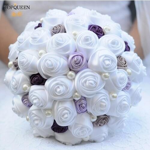 TOPQUEEN F5 Handmade Bouquet of Artificial Flowers Wedding Purple Bouquet Burgundy Flowers White Bouquet Wedding Brooch Bouquet