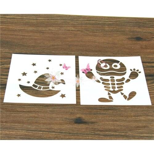 2PCS Halloween Witch Hat Skeleton Tiramisu Stencil Pad Plastic Spray Flower Cake Mold Duster Cupcake Baking Strew Tool Moulds