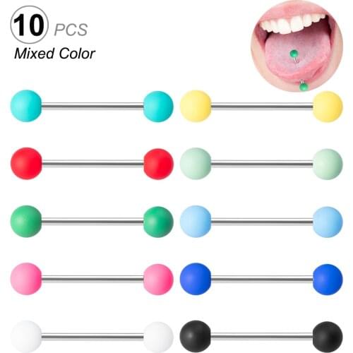 10PCS Colorful Acrylic Ball Tongue Piercing Stainless Steel Tongue Ring Bars Barbell Nipple Rings Sexy Piercings Jewelry 14G