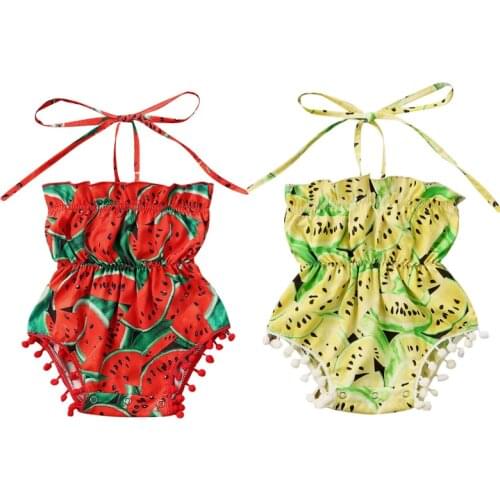 0-24M Newborn Baby Girls Boys Rompers Watermelon Print Sleeveless Tassel Belt Jumpsuits Clothes 2 Colors