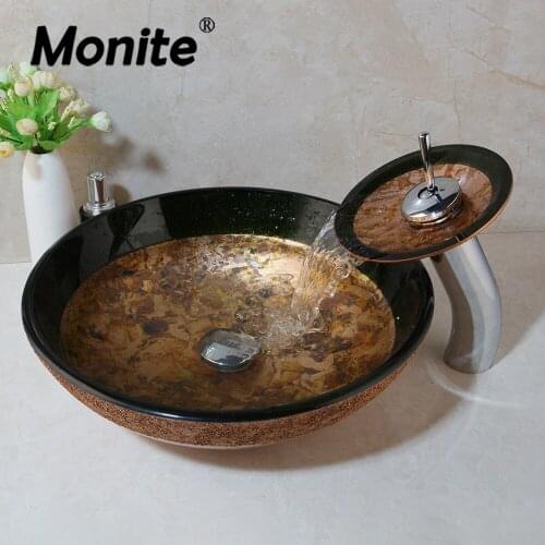 Monite Brown Basin Glass Sinks Bathroom Victory Vessel Washbasin Tempered Glass Sink With Chrome Waterfall Faucet Set